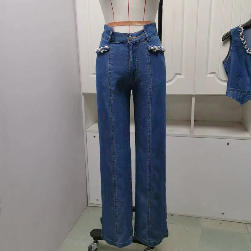 Women's Ice Silk Denim Vest and Wide Leg Trousers