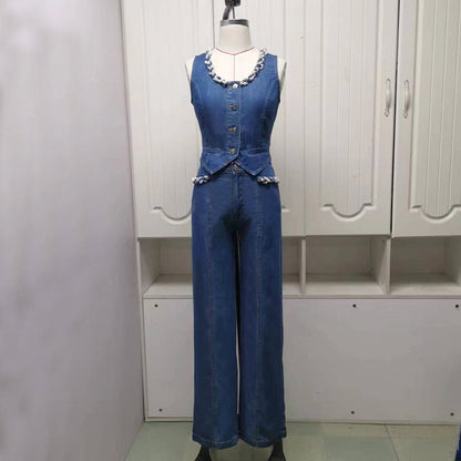 Women's Ice Silk Denim Vest and Wide Leg Trousers