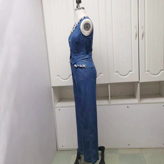 Women's Ice Silk Denim Vest and Wide Leg Trousers