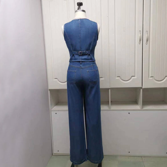 Women's Ice Silk Denim Vest and Wide Leg Trousers