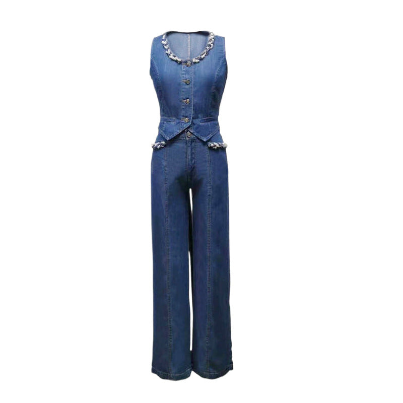 Women's Ice Silk Denim Vest and Wide Leg Trousers