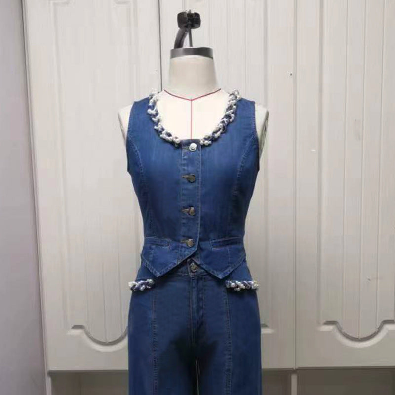 Women's Ice Silk Denim Vest and Wide Leg Trousers