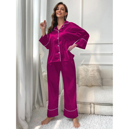 Women's Ice Silk Pajama Set with Long Sleeves and Pants