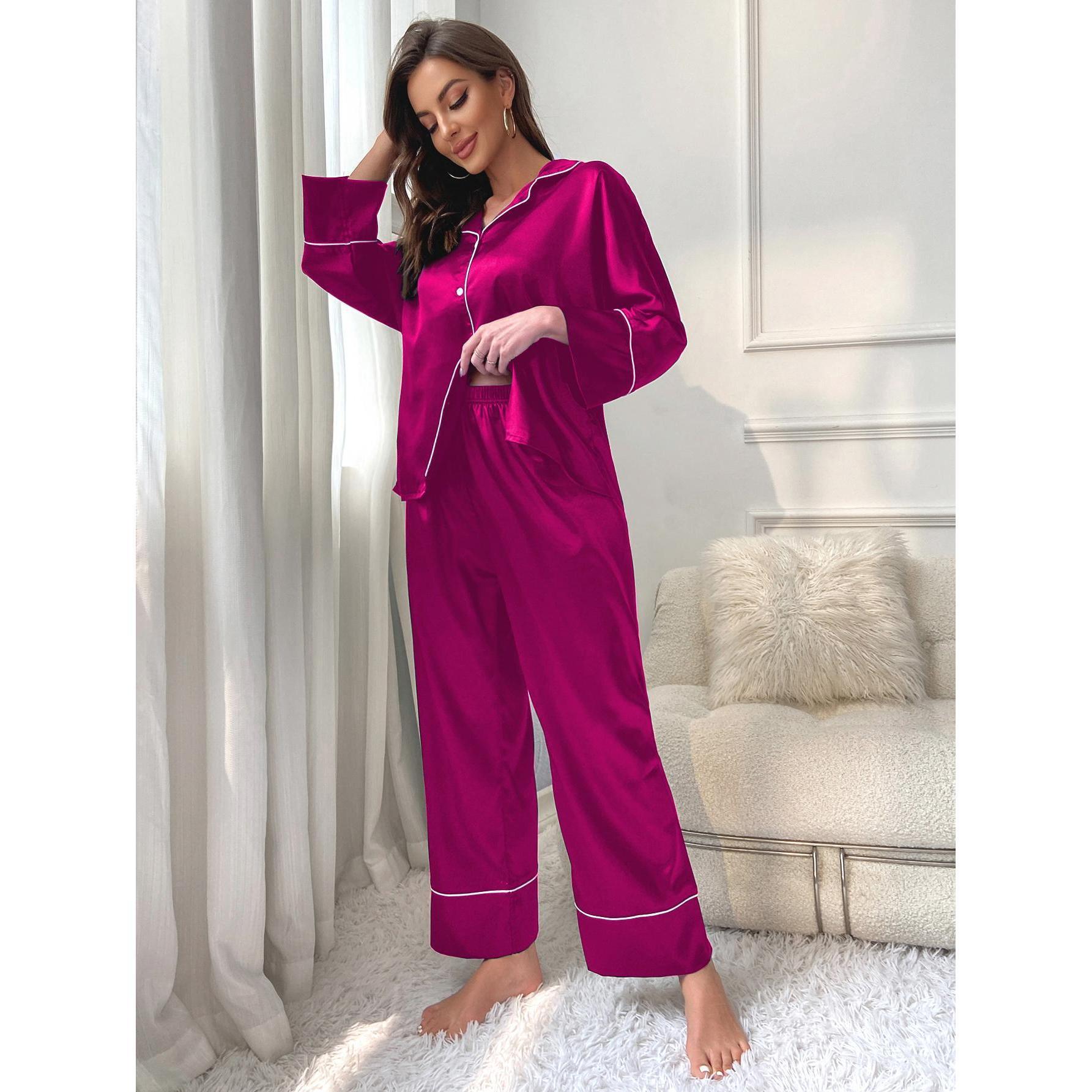 Women's Ice Silk Pajama Set with Long Sleeves and Pants
