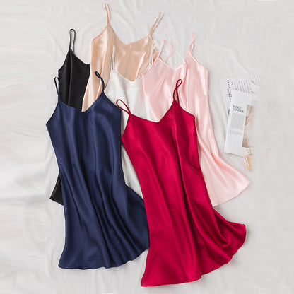 Women's Ice Silk Sleeveless V-neck Pajama Dress Set