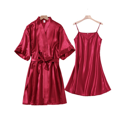 Women's Ice Silk Sleeveless V-neck Pajama Dress Set