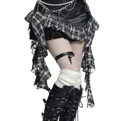 Women's Irregular Ruffled Plaid PU Leather Skirt