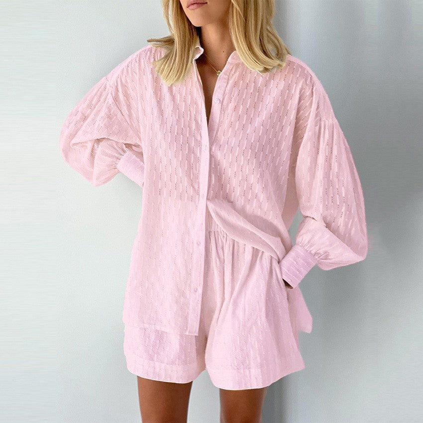 Women's Jacquard Puff Sleeve Shirt and Shorts Set