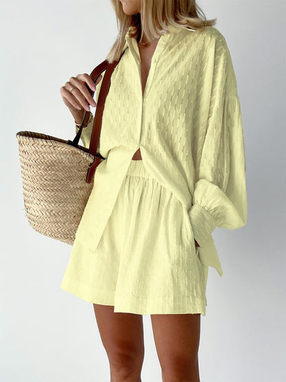 Women's Jacquard Puff Sleeve Shirt and Shorts Set