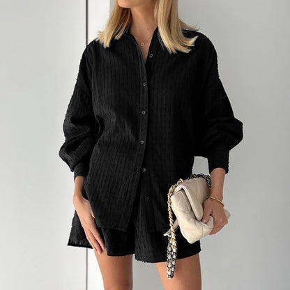 Women's Jacquard Puff Sleeve Shirt and Shorts Set