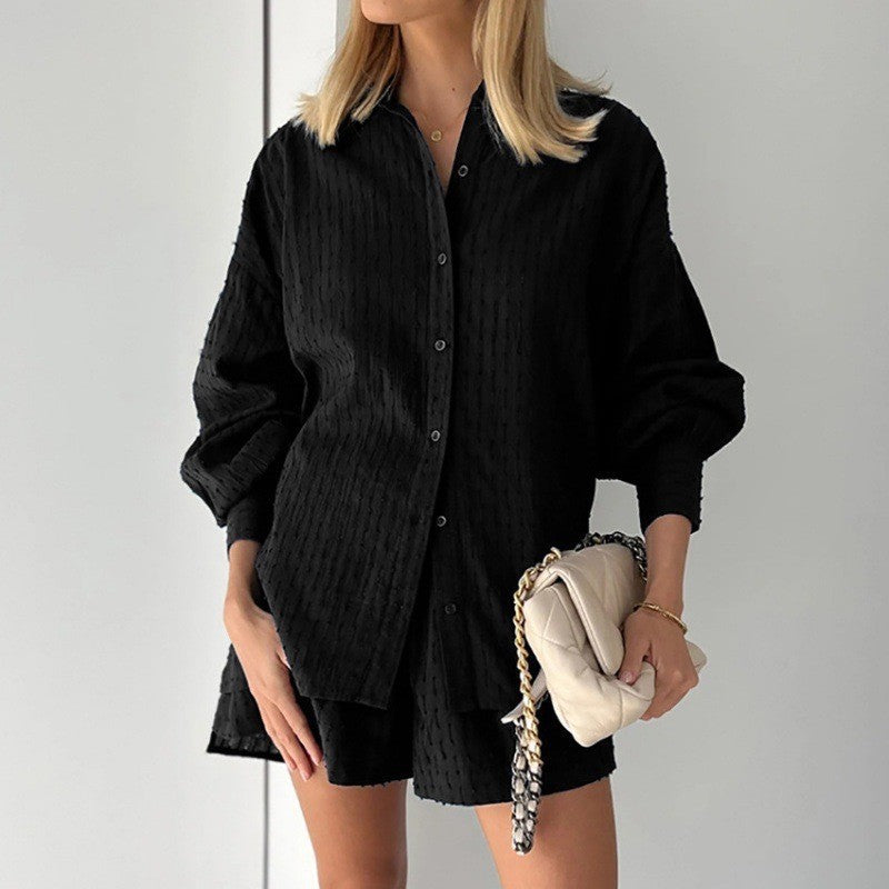 Women's Jacquard Puff Sleeve Shirt and Shorts Set