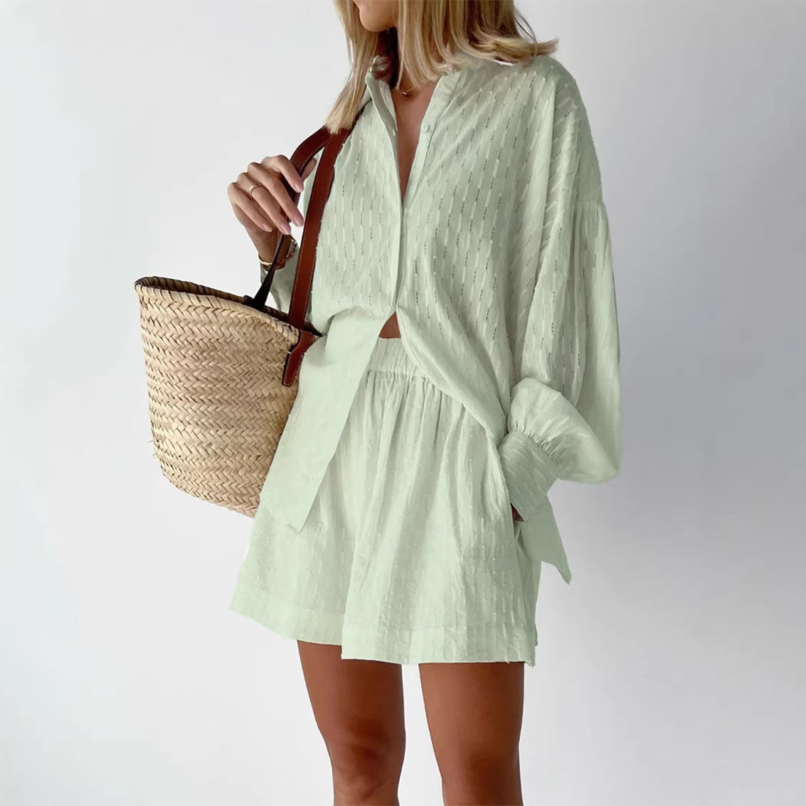 Women's Jacquard Puff Sleeve Shirt and Shorts Set