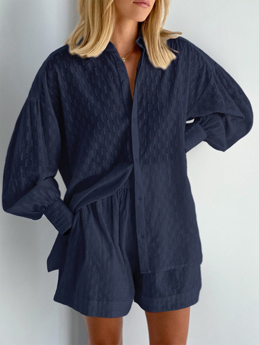 Women's Jacquard Puff Sleeve Shirt and Shorts Set