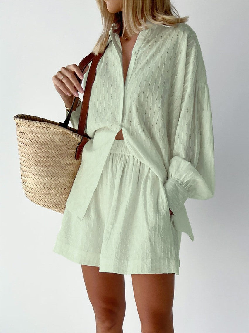 Women's Jacquard Puff Sleeve Shirt and Shorts Set