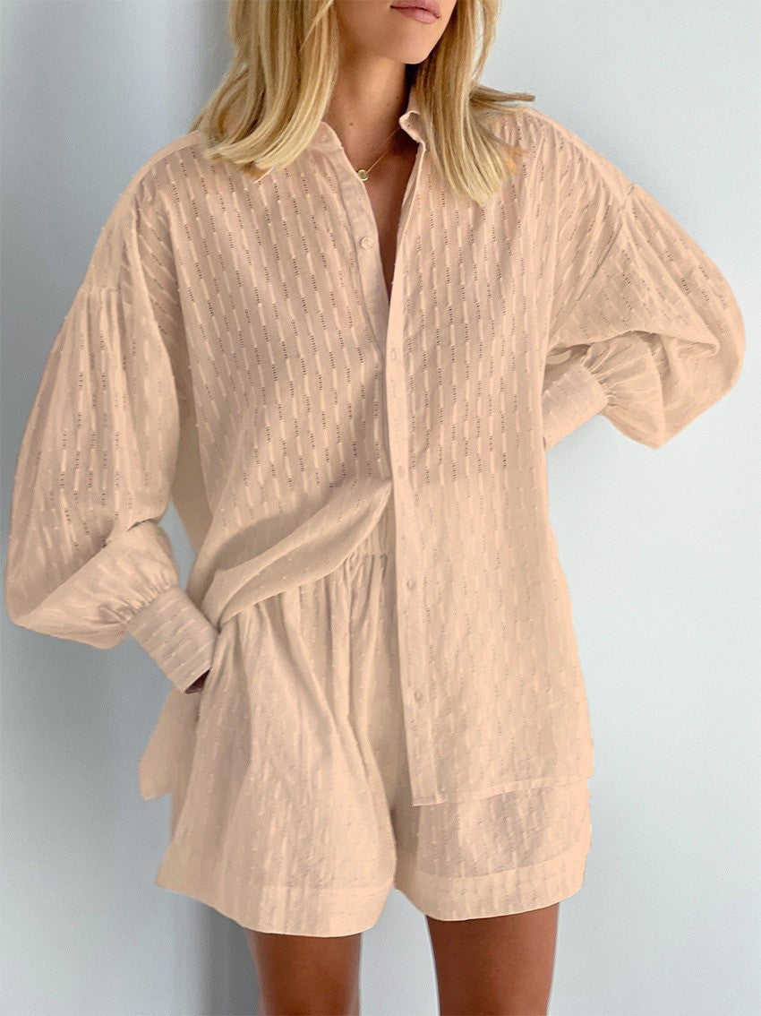 Women's Jacquard Puff Sleeve Shirt and Shorts Set