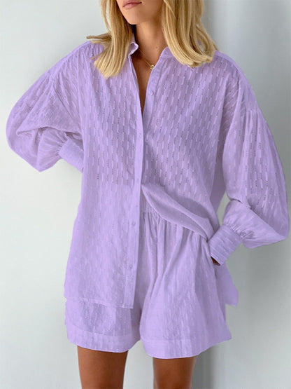 Women's Jacquard Puff Sleeve Shirt and Shorts Set