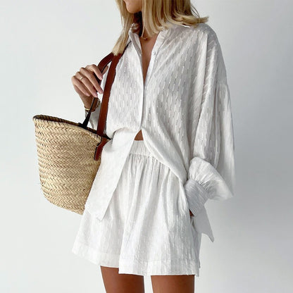 Women's Jacquard Puff Sleeve Shirt and Shorts Set
