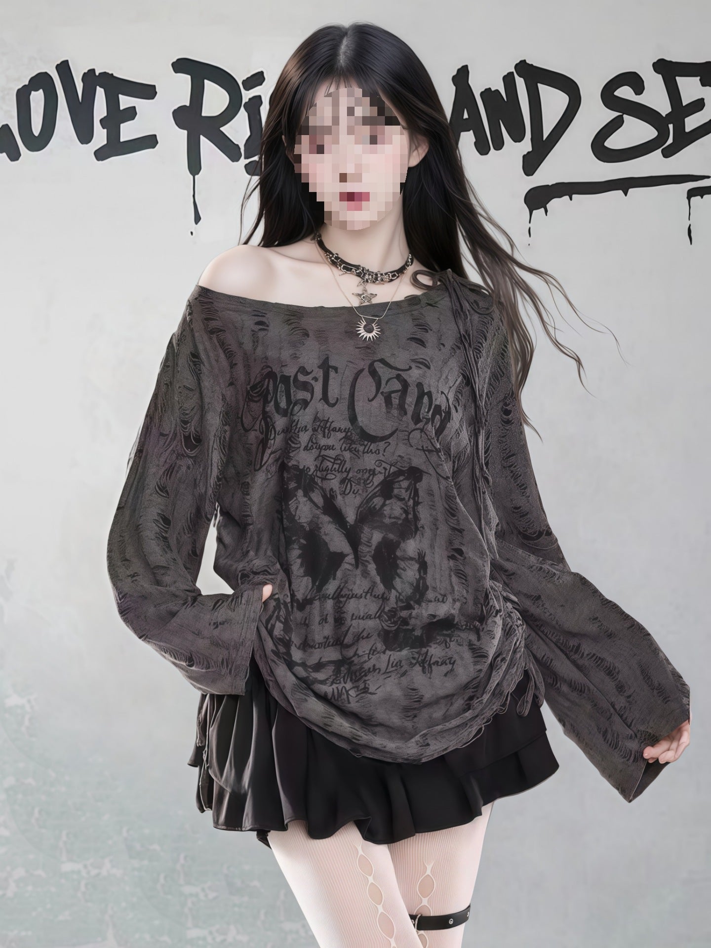 Women's Knit Off-Shoulder Top with Distressed Details