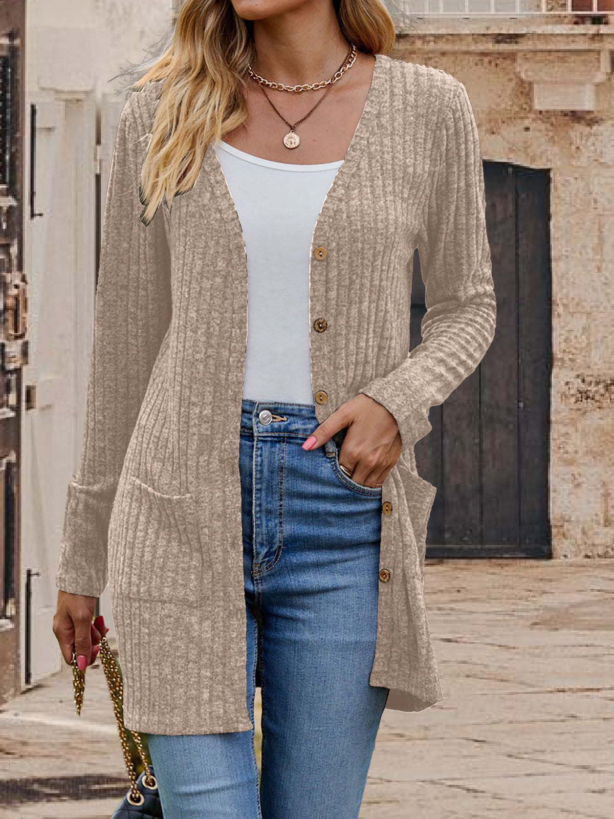 Women's Knitted Cardigan Long Sleeve Slim Fit V-Neck