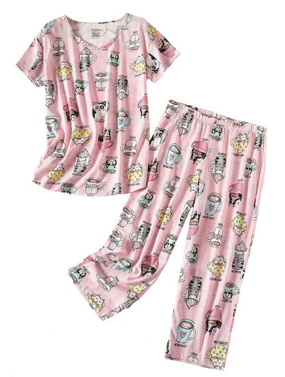 Women's Knitted Cotton Pajamas Set with Animal Print
