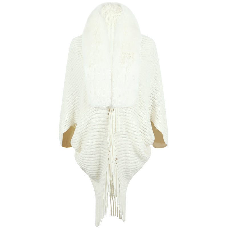 Women's Knitted Fur Collar Tassel Cape Coat