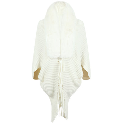 Women's Knitted Fur Collar Tassel Cape Coat