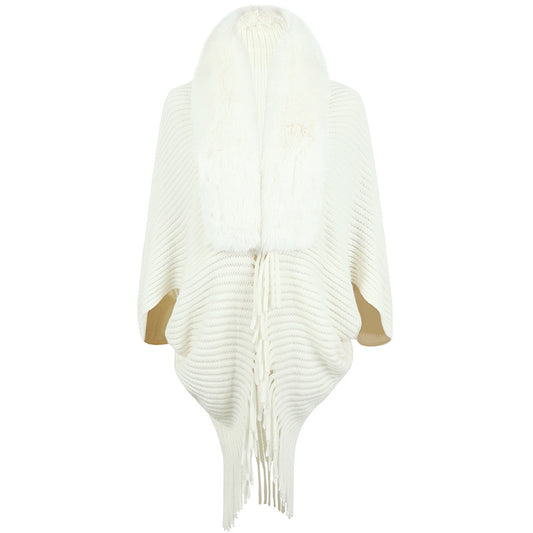 Women's Knitted Fur Collar Tassel Cape Coat