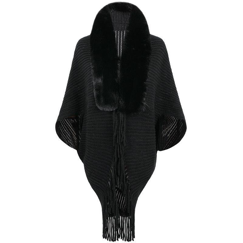 Women's Knitted Fur Collar Tassel Cape Coat