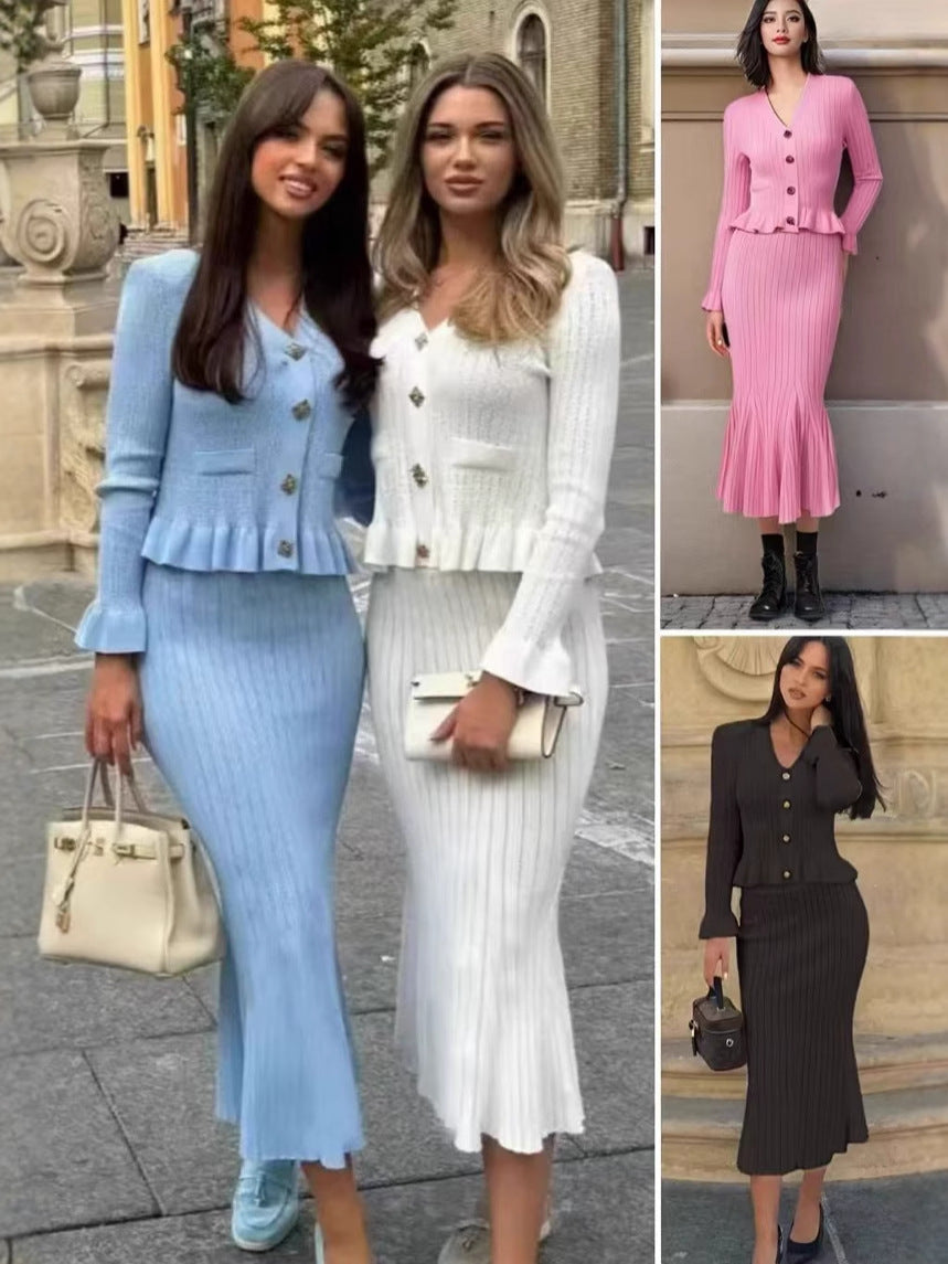 Women's Knitted V-Neck Cardigan and Fishtail Skirt Set