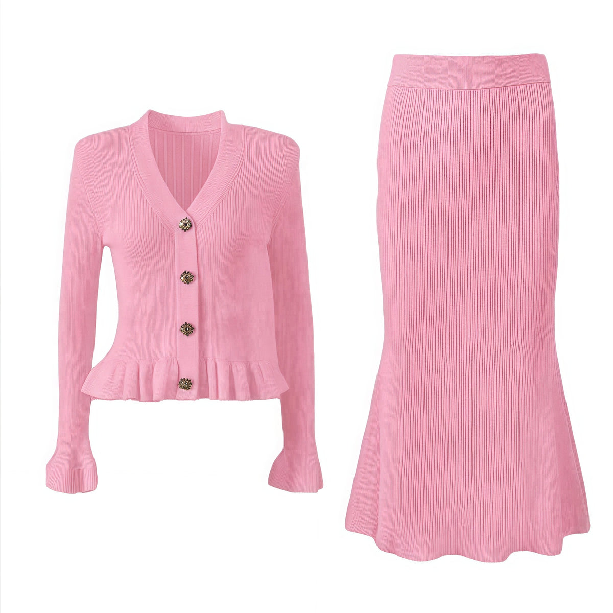 Women's Knitted V-Neck Cardigan and Fishtail Skirt Set