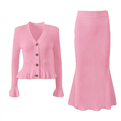 Women's Knitted V-Neck Cardigan and Fishtail Skirt Set