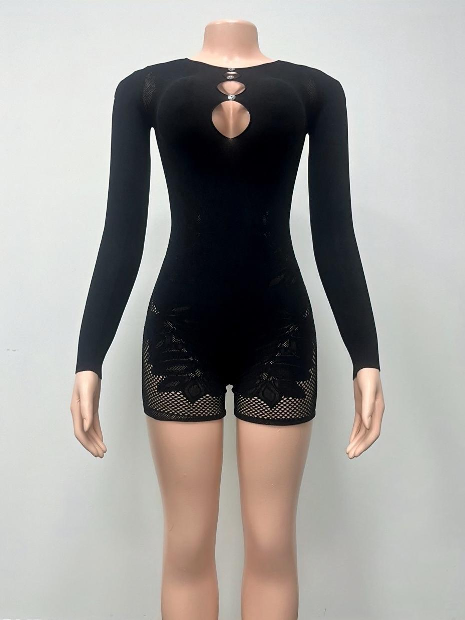 Women's Lace Cut Out Slim Jumpsuit with Diamond Embellishments