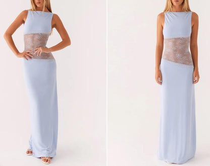 Women's Lace Satin Backless Long Dress