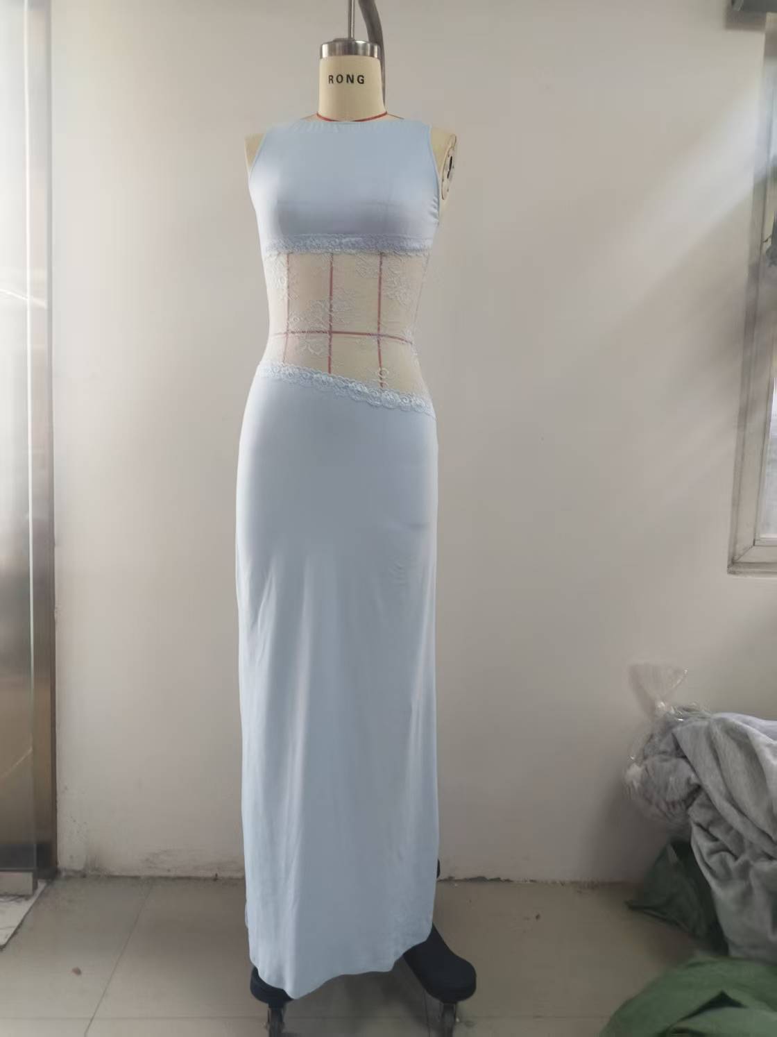 Women's Lace Satin Backless Long Dress