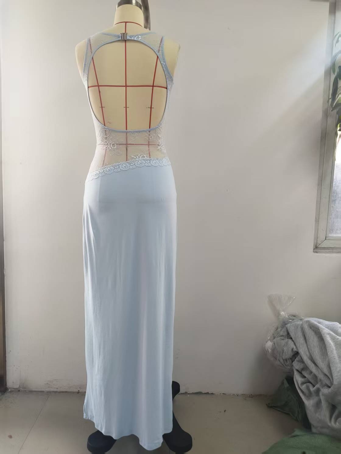 Women's Lace Satin Backless Long Dress