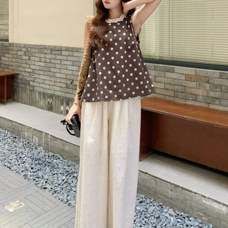 Women's Lace Trim Polka Dot Sleeveless Vest
