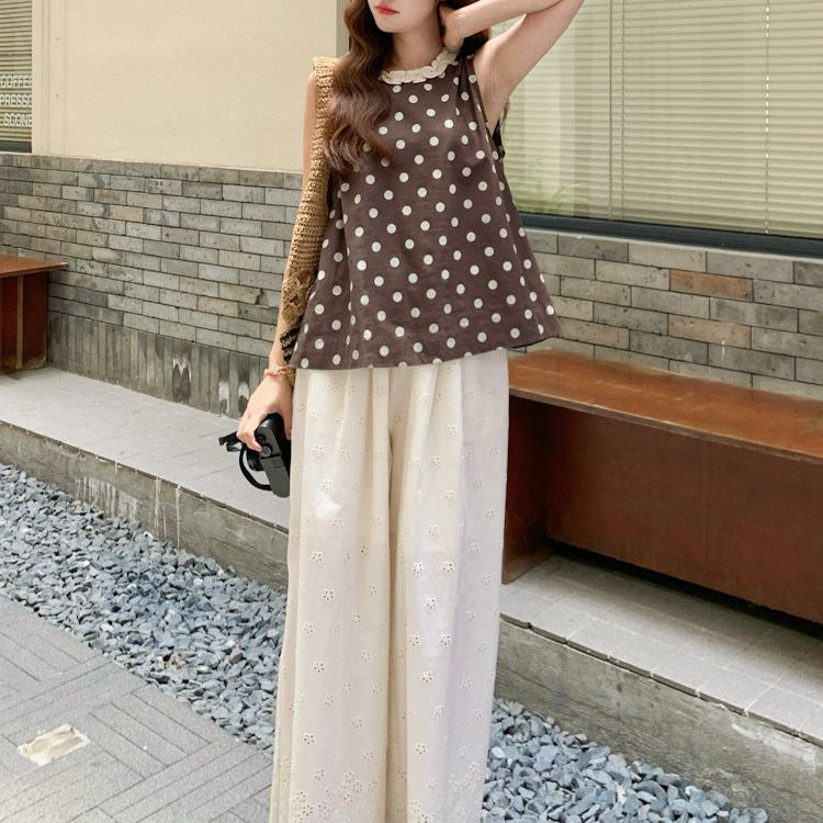 Women's Lace Trim Polka Dot Sleeveless Vest