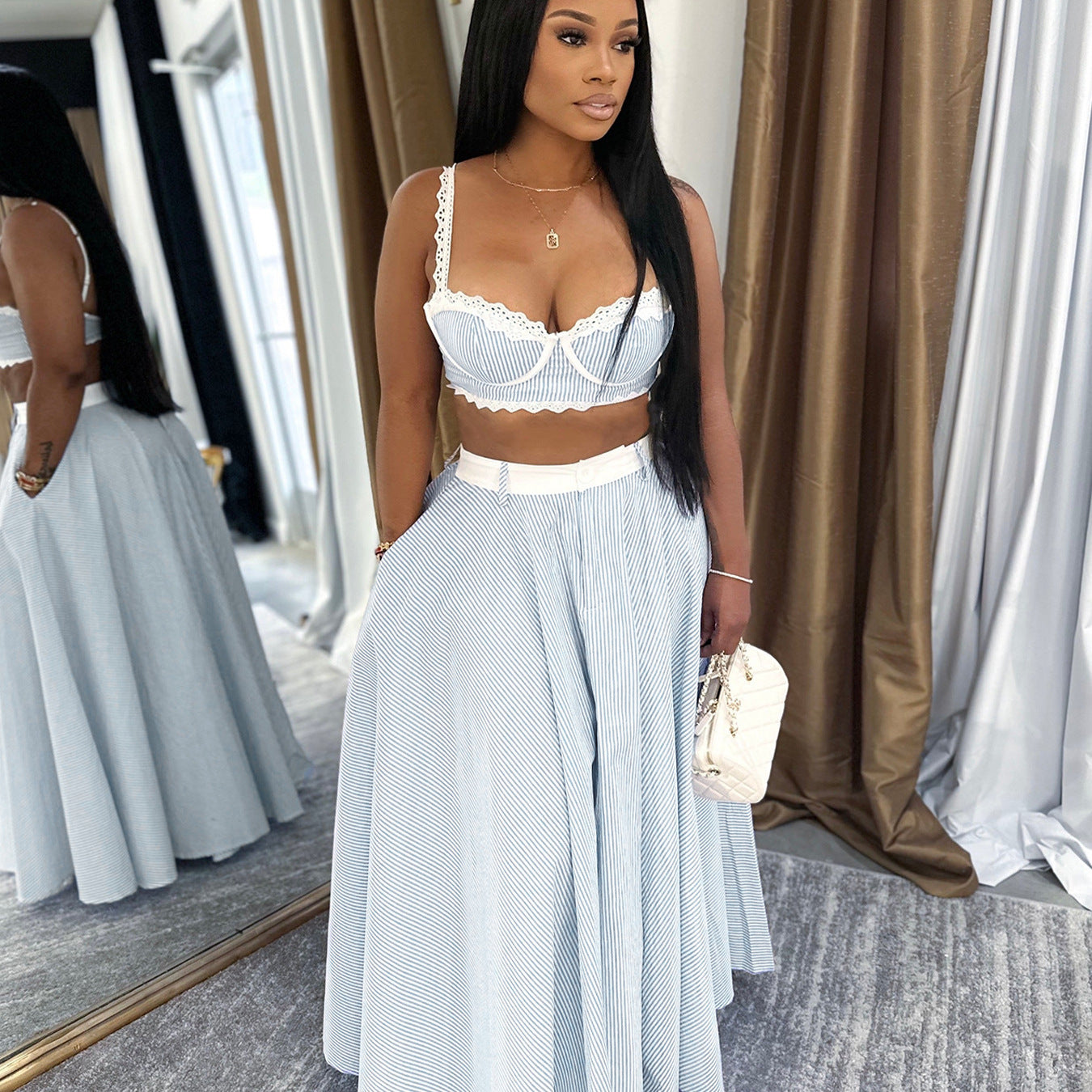Women's Lace Trim Skirt Two-Piece Set