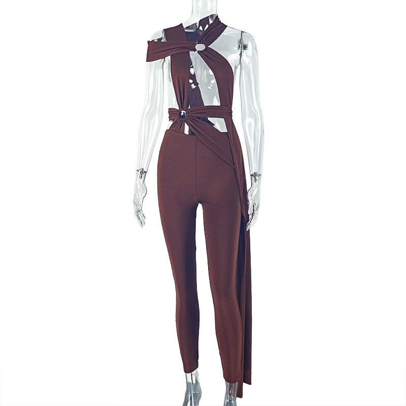 Women's Lace-Up Hollow Metal Ring Jumpsuit