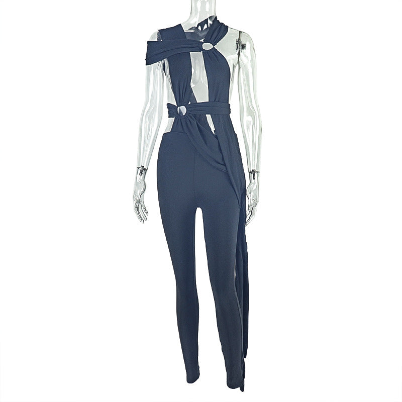 Women's Lace-Up Hollow Metal Ring Jumpsuit