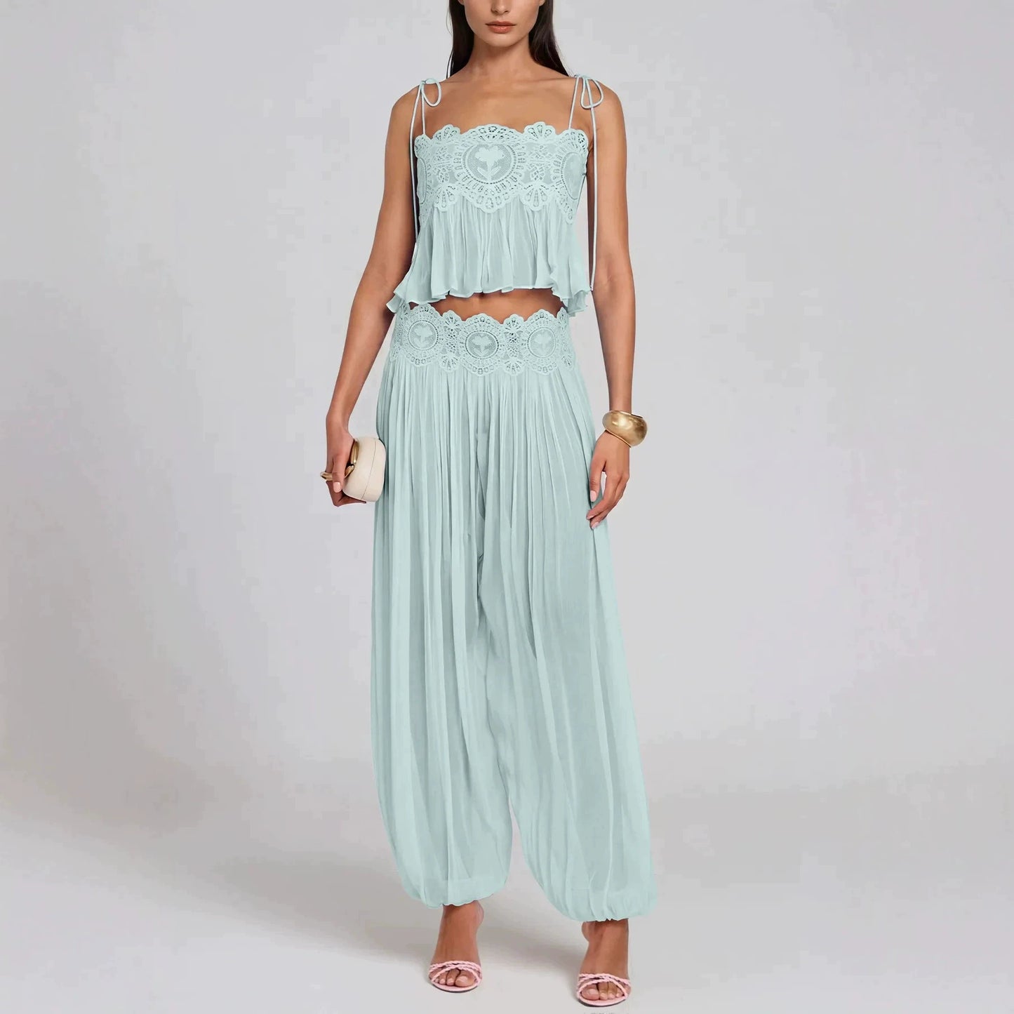 Women's Lace Vest and Wide-Leg Pants Set