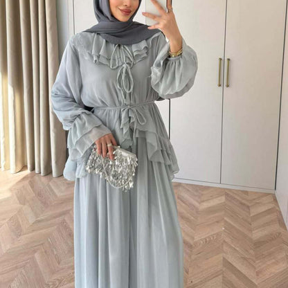 Women's Lantern Sleeve Tie-Waist Top and Wide-Leg Pants Set