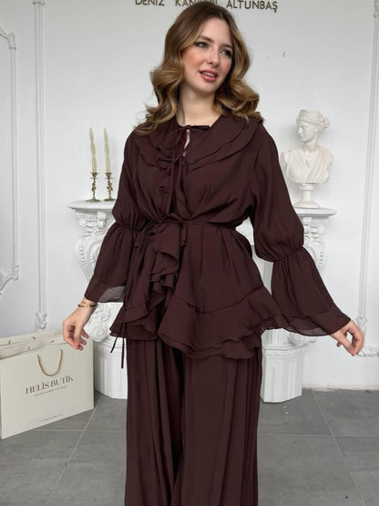 Women's Lantern Sleeve Tie-Waist Top and Wide-Leg Pants Set