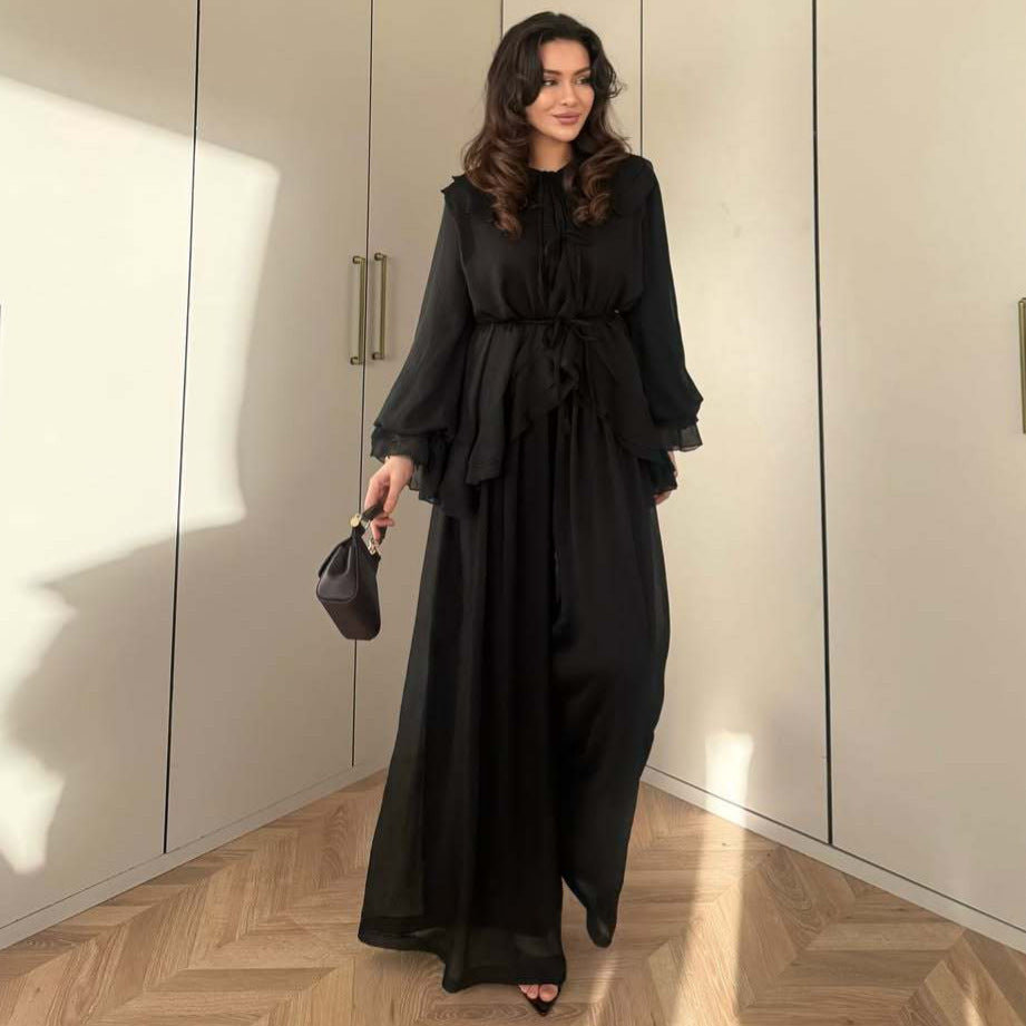 Women's Lantern Sleeve Tie-Waist Top and Wide-Leg Pants Set