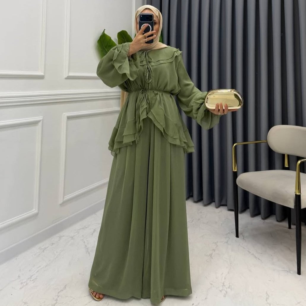 Women's Lantern Sleeve Tie-Waist Top and Wide-Leg Pants Set