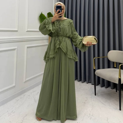 Women's Lantern Sleeve Tie-Waist Top and Wide-Leg Pants Set