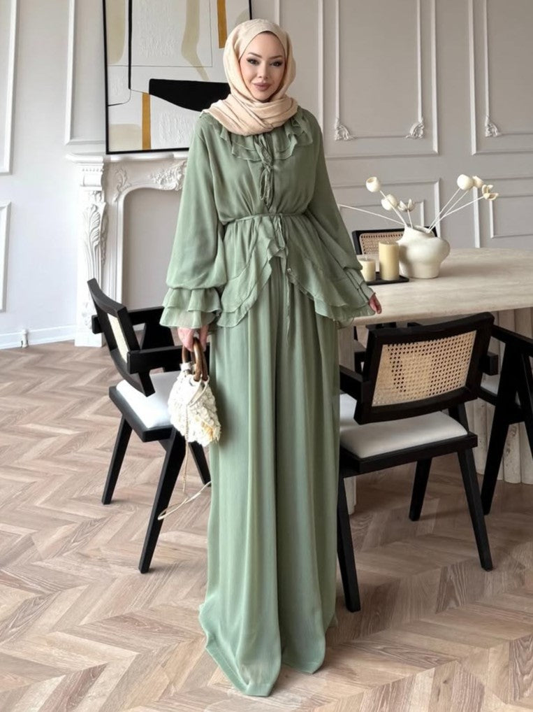 Women's Lantern Sleeve Tie-Waist Top and Wide-Leg Pants Set
