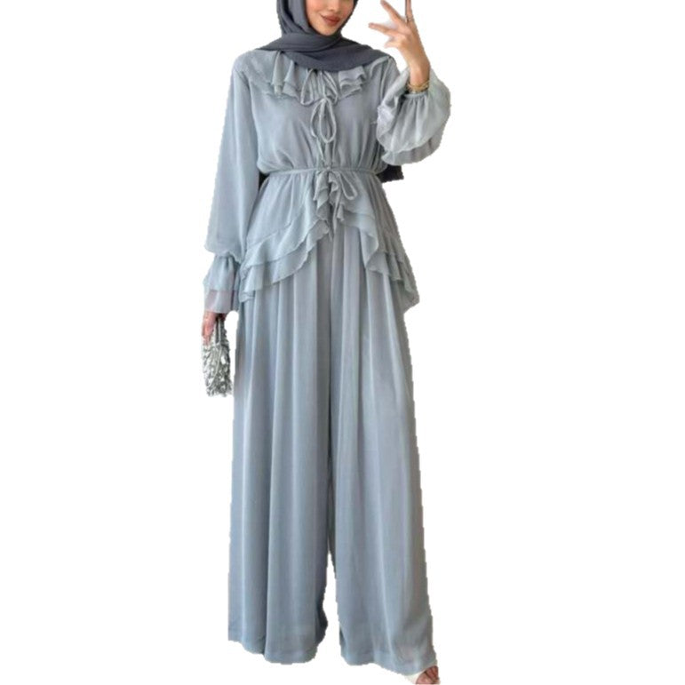 Women's Lantern Sleeve Tie-Waist Top and Wide-Leg Pants Set