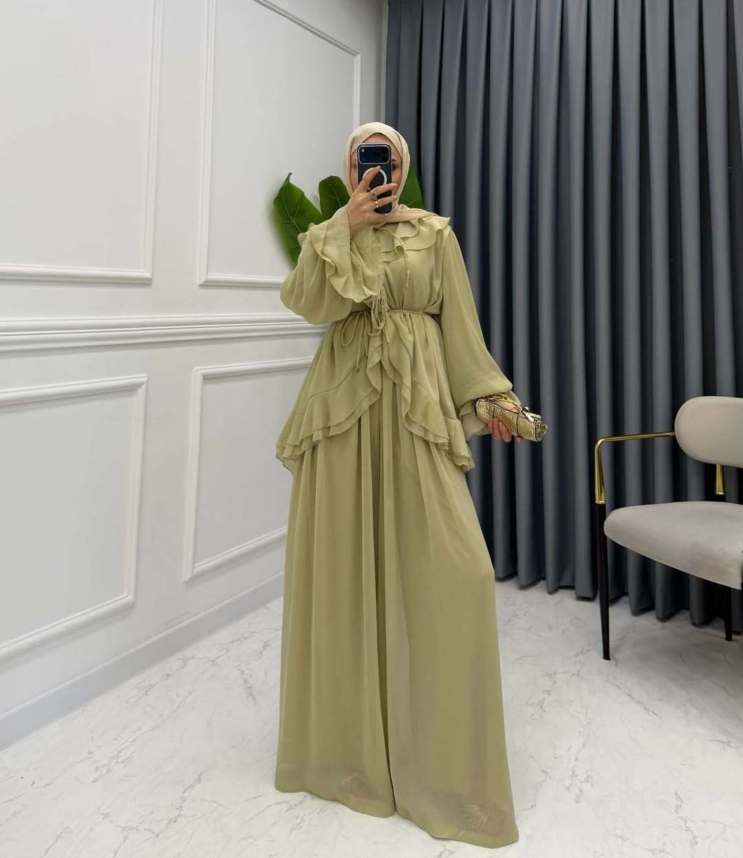 Women's Lantern Sleeve Tie-Waist Top and Wide-Leg Pants Set