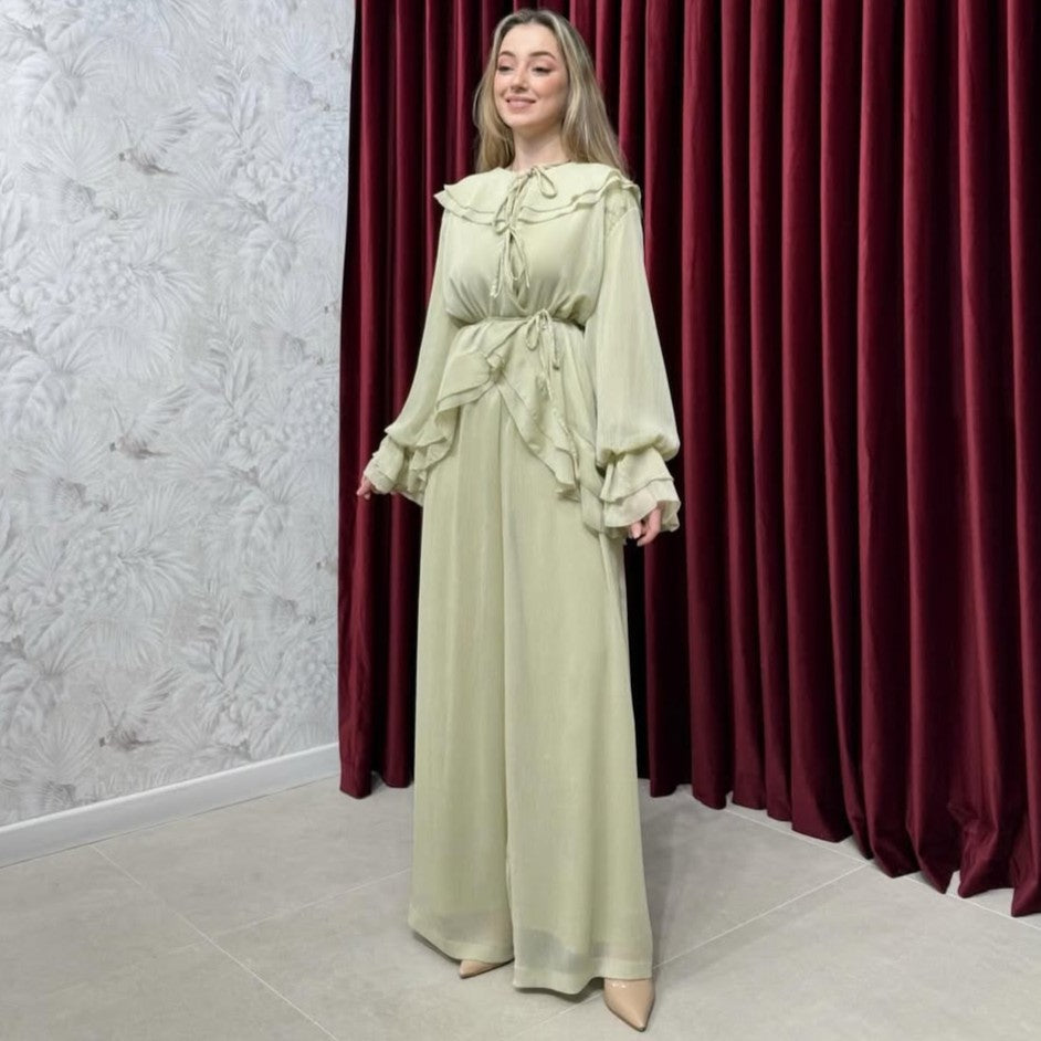 Women's Lantern Sleeve Tie-Waist Top and Wide-Leg Pants Set